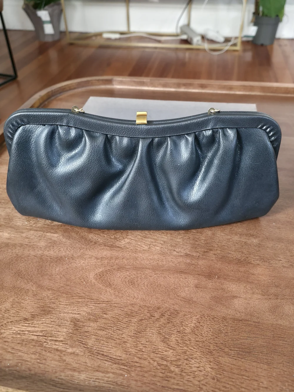Vintage  Black Leather Clutch with Gold Accent